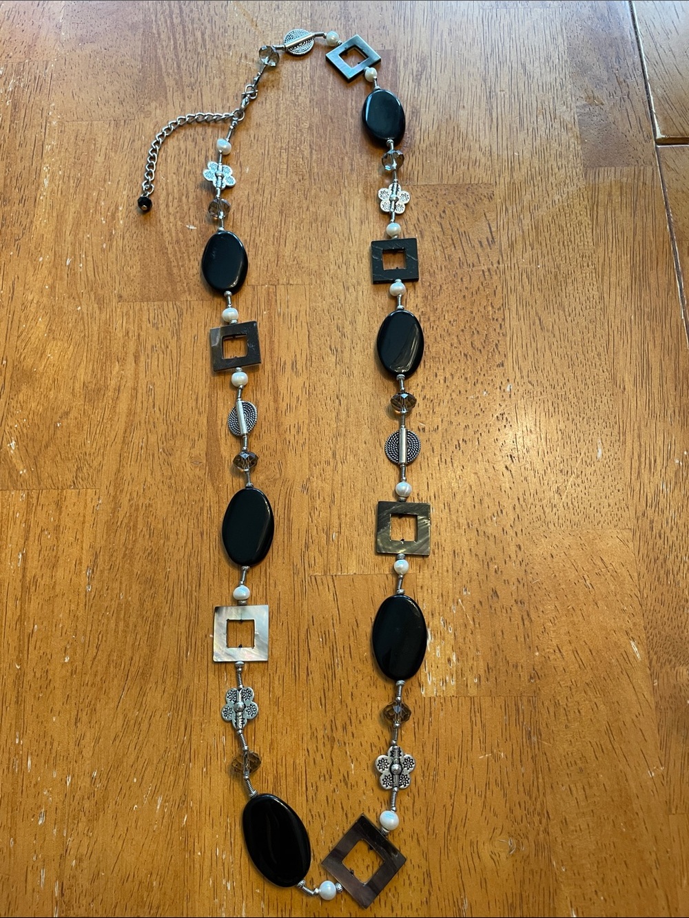 Women's Black Bead and Geometric Accent Necklace